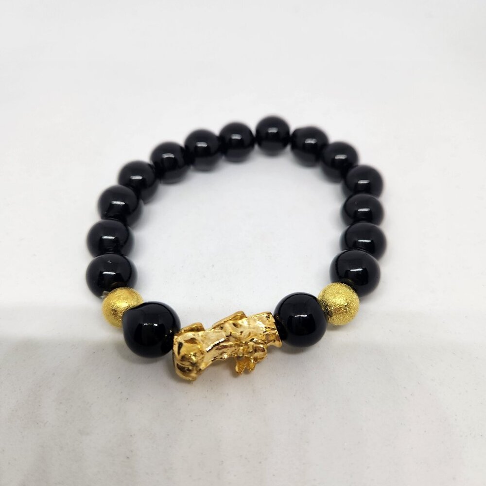 Dragon Beaded Bracelet Black Gold Stretchy In Box